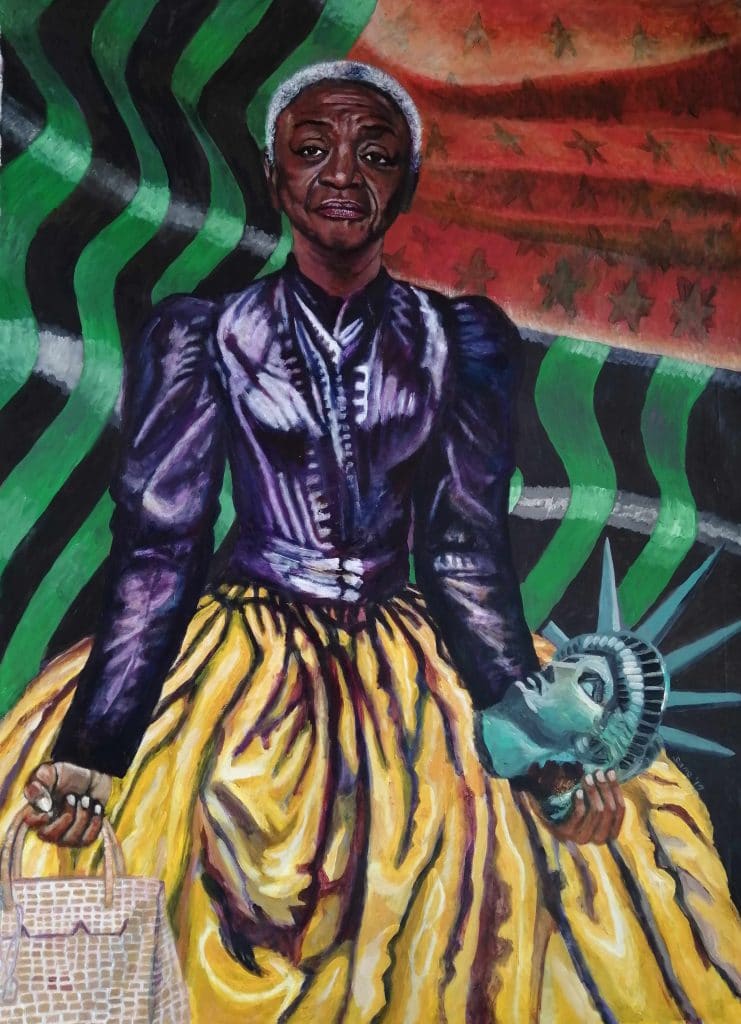Eria Sane Nsubuga, Queen Faith (Ringgold) holding a Hermes Birkin bag and a head of Libertas (2019). Courtesy Afriart Gallery.