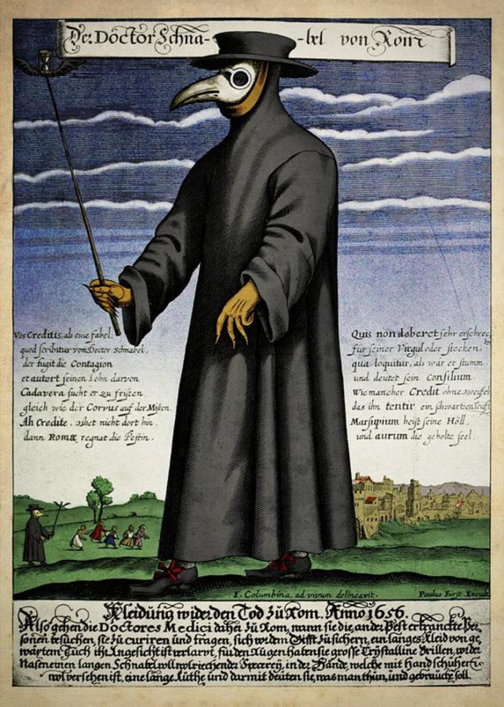Color copper engraving of Doctor Schnabel, a plague doctor in seventeenth-century Rome, published by Paul Fürst (ca. 1656). Courtesy of Wikimedia Commons.