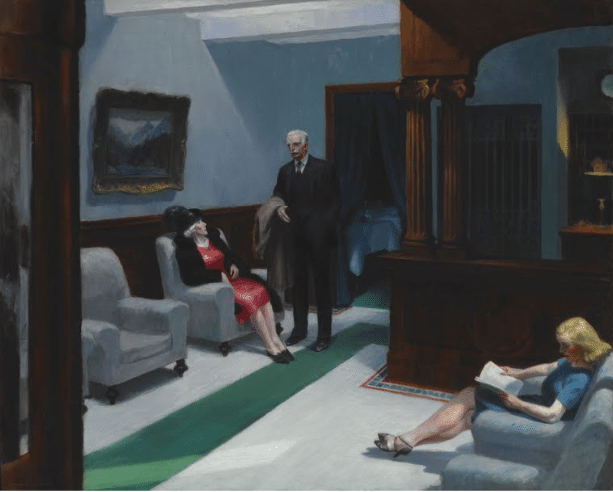 Edward Hopper, Hotel Lobby (1943), oil on canvas, 81.9cm×103.5cm, Indianapolis Museum of Art