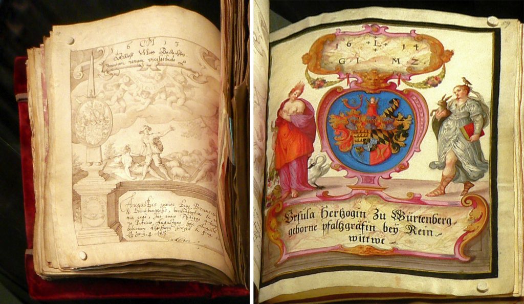Philipp Hainhofer’s Das Große Stammbuch featuring the signatures of August II of Braunschweig-Lüneburg (1613) and Ursula Duchess of Württemberg (1614). Photo courtesy of the Herzog August Bibliothek Wolfenbüttel (HAB).