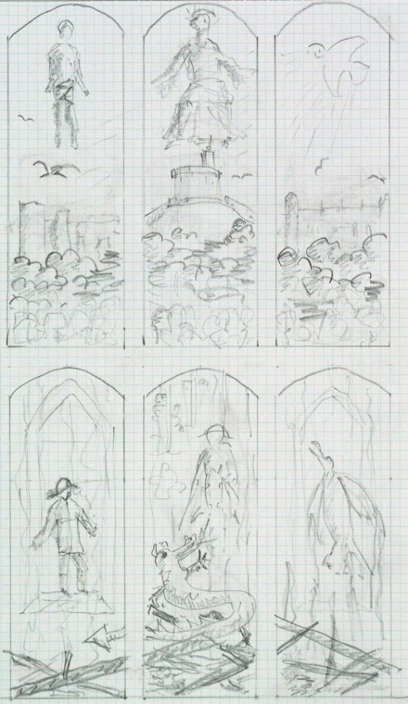Prince Philip’s sketches for the stained glass windows for a private chapel at Windsor Castle. Courtesy of the Royal Collection Trust